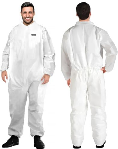 YIBER Hazmat Suit Disposable Overalls | Heavy Duty Full Body Painters Coveralls in 7 Sizes with Multiple Specifications for Men & Women Without Hood - Breathable & Water-Resistant, L, White, 1