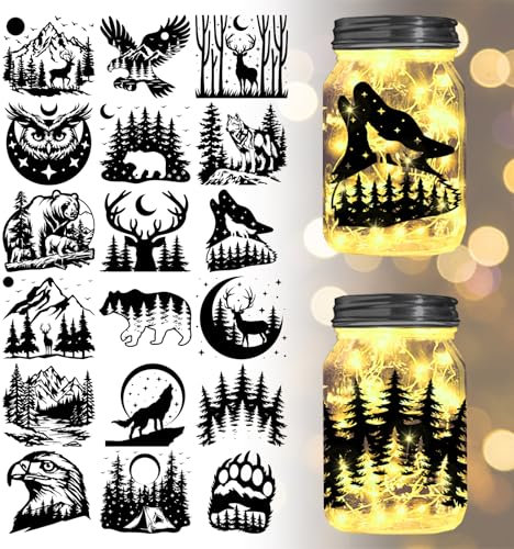 GLOBLELAND 18 Blatt Wald Tier UV DTF Tasse Transfer Aufkleber 3.9x3.6 Zoll Wolf Hirsch Bär Adler DTF Transferaufkleber Möbel Großformat Transfers für Glasbecher Keraflott Möbel Glas Holz