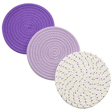 Namzi Pot Holders Set Trivets Set 100% Pure Cotton Thread Weave Hot Pot Holders Set (Set of 3) Stylish Coasters, Hot Pads, Hot Mats, Spoon Rest for Cooking and Baking by Diameter 7 Inches (Purple)