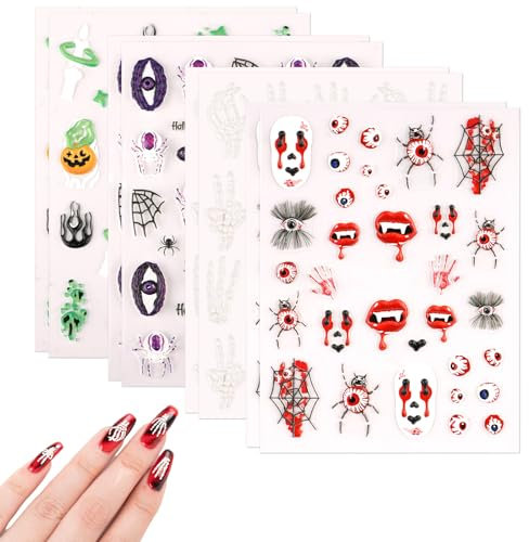 8pcs Halloween Nail Stickers, Self Adhesive Nail Decals with Spider Ghost Pumpkin Skeleton Eyes Nail Art Design Stickers for Halloween Party