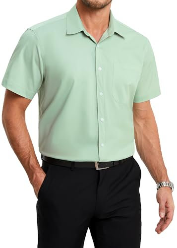 HISDERN Chemise Homme Manches Courtes Été Décontractée Chemises Verte en Fibre de Bambou Costume Homme Business Chemisette Formel Régulières pour Les Mariage XL