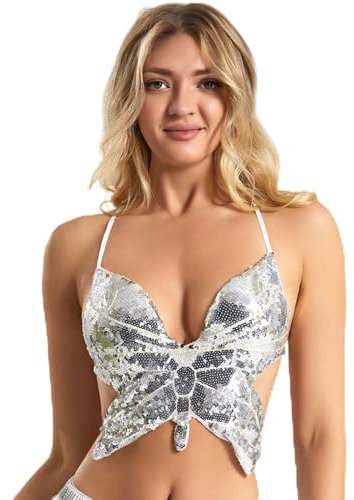 OHYER Damen Bauchtanz Kostüm Pailletten Oberteil Damen Butterfly top Bauchtanz Oberteil Glitzer top Fransen Rückenfrei Festival Party Tanz Karneval Strand Mode Club Paillettenshow Silber