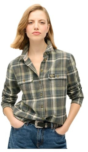 Superdry Chemise en flanelle pour femme avec carreaux de bûcheron, Kaki/gris à carreaux, 40