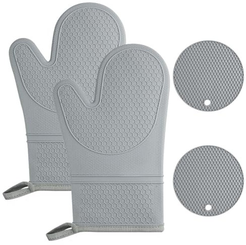 AUAUY 1 Pair Oven Mitts, Silicone Oven Gloves Heat Resistant 464°F, Non-Slip Silicone BBQ Gloves, Waterproof Cooking Gloves with 2 Potholders, Oven Gloves for Barbecue Kitchen Baking Microwave, Grey
