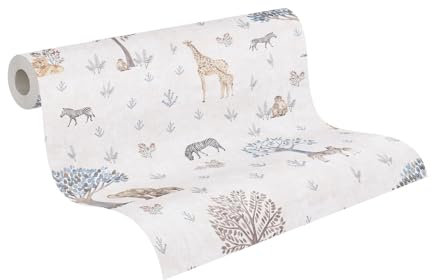 A.S. Création Papier peint pour chambre d'enfant Lilly & Luis - Papier peint intissé résistant à l'aspect animal - 10,05 m x 0,53 m - Beige, jaune, gris - Fabriqué en Allemagne - 771761
