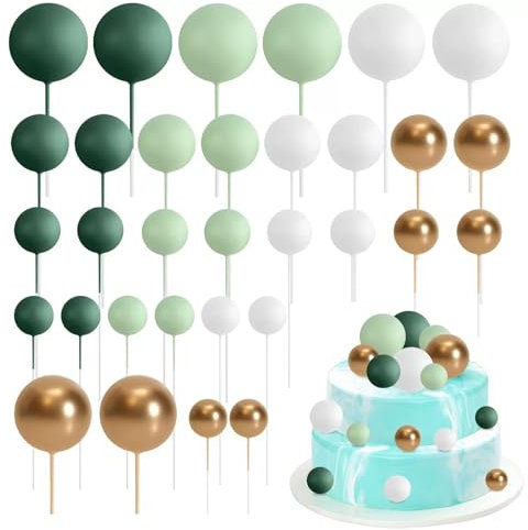 Satiskid 32Pcs Foam Ball Cake Decoration Round Cake Decorations, Green White and Gold Mini Balloon Cake Insert Decoration for Wedding Party Birthday Cake Decoration (Green)