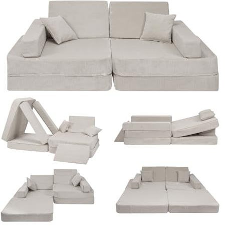 Angelove Kindersofa 2‑in‑1 - Spielsofa mit Schlaffunktion, Cord‑Bezug, Abnehmbarer Bezug, Grau