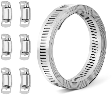 Yitexin 304 Edelstahl Schlauchschellen Verstellbar, 8,2 Fuß DIY Schellen Bänder mit 6 Befestigungen, Rohr Rohrschelle für Klempnerleitung Automotive Mechanical Sortiment (Silber)