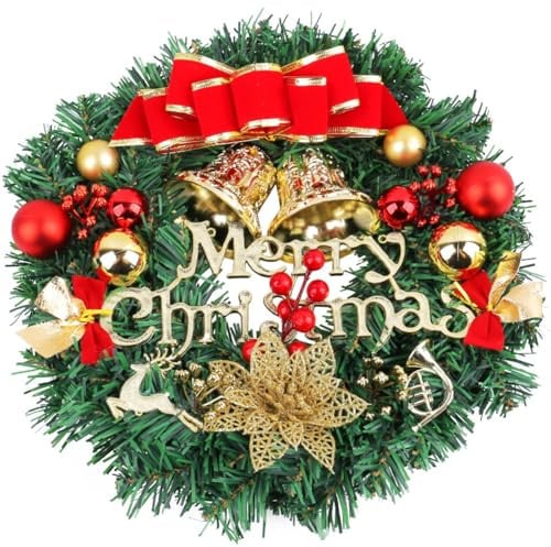 LATERN 30CM Ghirlanda di Natale, Ghirlanda di Pino di Natale Artificiale con Fiocco Campana Cervo Bacche Rosse Fiore per Natale Porta Parete Camino Finestra Albero di Natale Decorazione