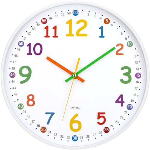 ACCSHINE Kinder Wanduhr Lautlos 30cm Bunt Zahlen Lernuhr | Wanduhr ohne Tickgeräusche, Geeignet für Kinderzimmer, Wohnzimmer, Schlafzimmer, 1*AA Batteriebetrieb, Kinderwanduhr Modern