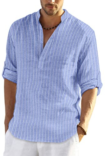 COOFANDY Mens Shirt Long Sleeve Henley Shirt Linen Shirts Cotton Casual Regular Fit Summer Shirts