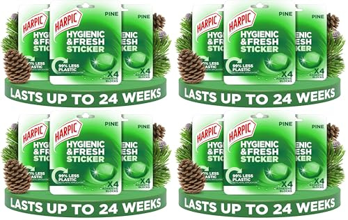 Harpic Hygienic Fresh Sticker Adhesive Toilet Block, Pine, Pack 3 x 4 Stickers, Toilet Freshener, No Plastic Applicator, Up to 24 weeks of Freshness (Pack of 4)