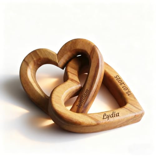 7cm Personalisiertes Olivenholz Verbundene Herzen mit Gravur | Mit Namen/Daten, Handgefertigte Romantische Skulptur für Valentinstag/Paare/Ehefrau/Hochzeit/Verlobung/Jahrestag/Geburtstag