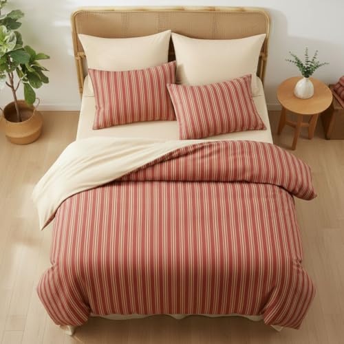 Bettwäsche 220x240 Rot Gestreift Modern Bettbezug + 2 Kissenbezug 80x80 | Bettwäsche Set, 3 Teilig, Landhausstil Beige Streifen, Geometrisch, Landhaus, Wende, Aesthetic, Microfaser, Reißverschluss