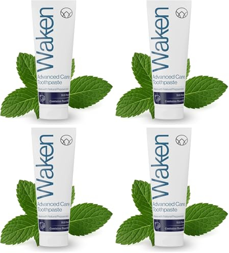 Waken Advanced Care Toothpaste 6-in-1 Formula - SLS Free with Natural Peppermint & Fluoride, Vegan Toothpaste for Fresh Breath, Clean Teeth & White Smile, 75ml (Pack of 4)