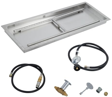 Garvee Gasfeuerschale Edelstahl, 76,20 x 25,40 cm Rechteckiger Brenner Dual | für Erdgas & Propan, Outdoor Feuerstelle Einsatz mit Gasschlauch für Garten Terrasse Winter, Silber