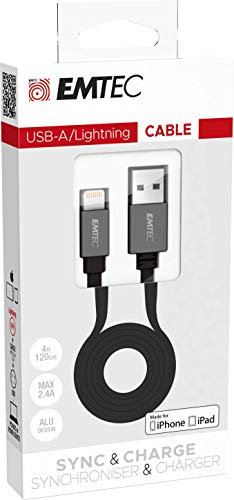 Emtec, ECCHAT700AP, cavo USB-A a Lightning, micro-USB e Type-C, 120 cm, design elegante con connettori in alluminio, ricarica rapida fino a 3 A, nero