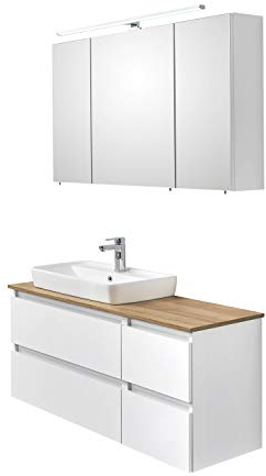 Pelipal - BALU 13 - Badmöbel-Set Quickset 360-110 cm - Keramik-Aufsatzwaschbecken - Badset, Komplettset, 3-teilig mit LED Spiegelschrank usw. in weiß Glanz/Riviera Eiche quer
