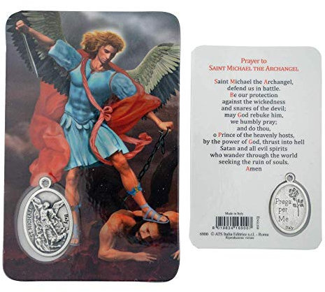 VILLAGE GIFT IMPORTERS Heilige Figur Gebetskarte mit Medaille | Heiliges Gebet und Medaille | 8 Figuren (St. Michael)