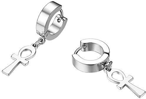 Flongo Herren Ohrstecker Creolen Damen Kreuz Ohrringe Ohrhänger aus Edelstahl in Silber Stecker mit hängenden ägyptisch Ankh. Kreuz Anhänger Jahrgang Männer, Frauen