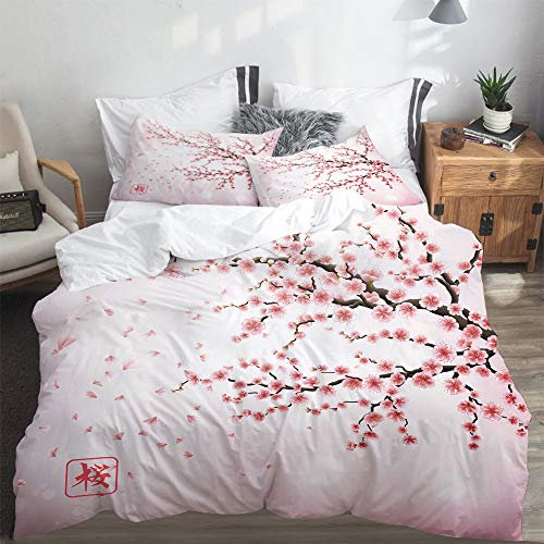 LASINSU Branche Cerisier du Japon réaliste avec fichier Sakura hiéroglyphe Fleurs épanouies,Parure de Lit Pou Housse de Couette (220x240) et 2 Taies d'oreiller pour Lit