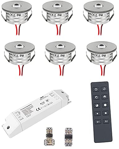 VBLED® 6er Funk Set 3W Mini-Einbauspot Einbaustrahler warmweiß 3000K IP44 12V DC Warmweiss Inkl.LED Trafo und Verbinder Unbegrenzte Möglichkeiten: Terrasse, Bad, Wohnbereich [Energieklasse A+]
