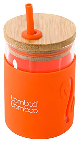 bamboo bamboo Sippy Cup, Straw Cups for Toddlers, Glass Jar with Bamboo Lid & Silicone Impact Sleeve, Perfect for Drinks & Smoothies, 350ml Capacity Baby Cup for Transitioning Toddlers (Orange)