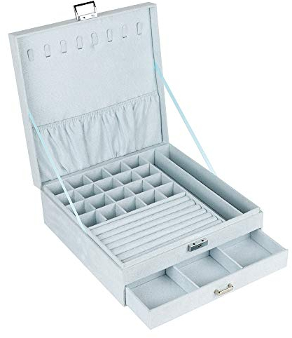 DesignSter 2 Tiers Jewelry Box with Drawer and lid, Multi-Function Slot Velvet Jewellery Organiser with lock, Jewelry Display Box for Necklace, Bracelets, Rings, Earrings, Watches