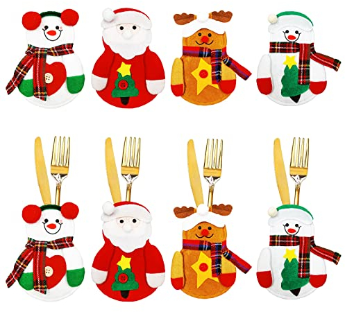 Splendid 8 Pieces Christmas Cutlery Suit, Christmas Cutlery Holders Suit Pockets, Santa Claus, Elk, Snowman Pattern, for Christmas Party Knife and Fork Decoration
