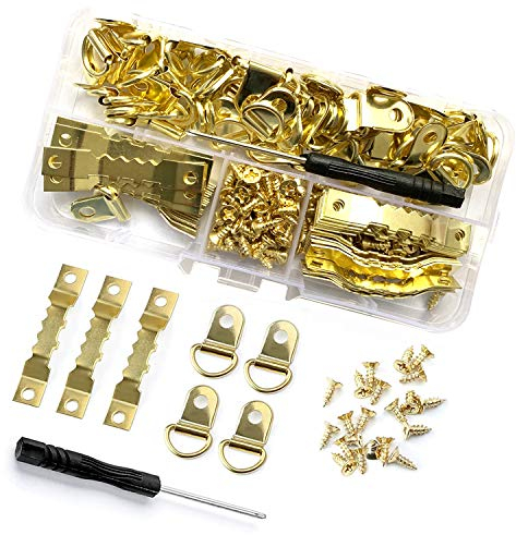 Bildaufhänger Bilderhaken Bilder Aufhängen,Aufhänger für Holzrahmen, Zackenaufhänger,Bilderrahmen Set mit Fachbox (251Stück) (Golden)