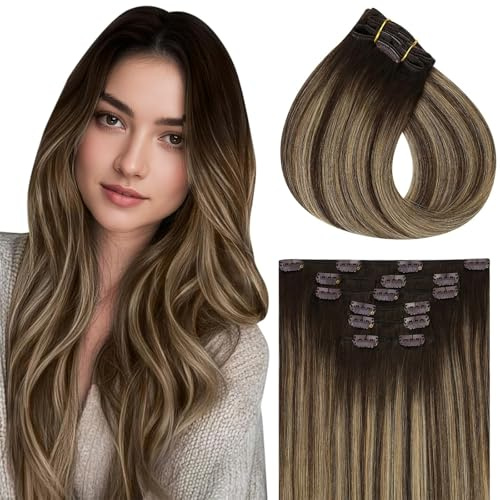 Vivien Balayage Echthaar Extensions Clip 50 cm Braun Bis Honigblond Clip in Extensions Menschliches Haar Natürlich Ombre Braun Glatt 120g 7PCS #4/27/4