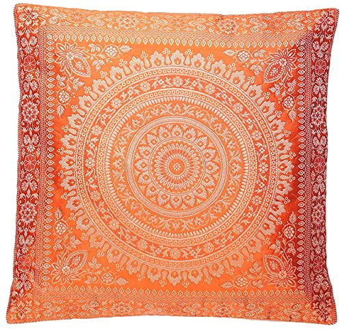 Ruwado Handgewebt und Handgefertigt Indische Banarasi Seide Kissenbezug, Zierkissenbezug, Sofakissenbezug, Dekokissen - Mandala Muster 40 x 40 cm | 16 x 16 Zoll, Orange
