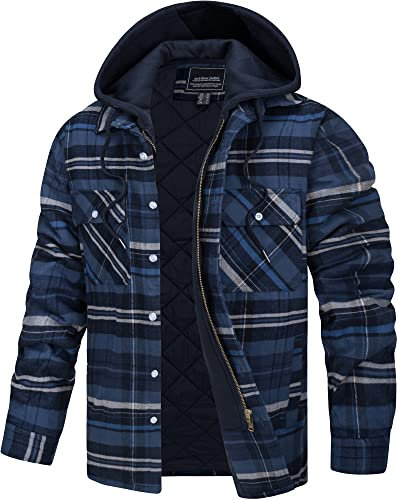TACVASEN Herren Hemd Lange Ärmel Karohemd Flanell Jacke Männer Kapuzenpullover Herrenhemd mit Brusttaschen, Blau-Grau, 3XL