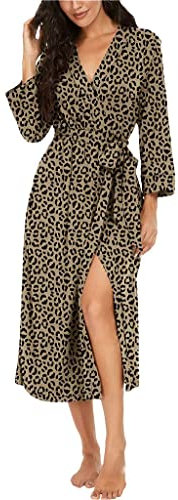 PrinStory Accappatoio E Kimono Lungo Donna,Manica A 3/4 Scollo A V Vestaglia,Comodo E Leggero Accappatoio Regali per Donne (Leopardo Kaki, L)