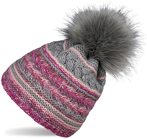 styleBREAKER Damen Strick Bommelmütze mit Buntem Mustermix und Fleece Futter, Winter Fellbommel Mütze, Strickmütze 04024202, Farbe:Grau-Pink-Rose