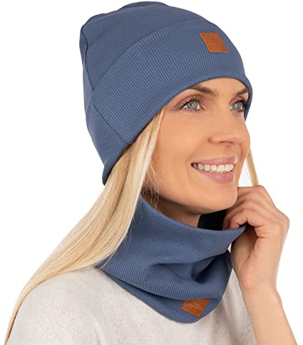 Mikos* Damen Set Mütze & Loop Baumwolle Long Beanie Hut mit Schal-Loop Herbst Winter Tolles Warm, Stretchy Elastischer, Wintermütze Junge-n Mädchen Streetwear 703 (Blau)