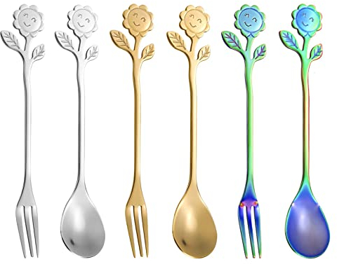 WUDQIJI Kaffeelöffel Kuchengabel Set 6 Stück Dessertgabel Set Edelstahl Kaffee Löffel Kuchengabeln Tafellöffel Dessertgabel und Löffel Set Latte Macchiato Löffel Set Edelstahl Gabeln Sonnenblume Deko