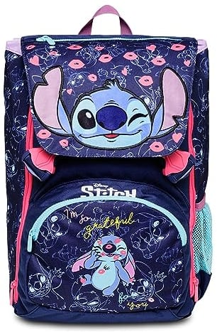Zaino Scuola Estensibile - STICH MY ALIEN PAL, Blu - Zaino Doppio Scomparto - Tasca Porta Borraccia - Maxi Capienza 28 L - Zaino Bambina Scuola Elementare