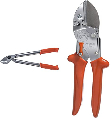 Original LÖWE 22 Profi Astschere Amboss 22.050 mit Bypass Geometrie & 1 Profi Amboss-Gartenschere 1.104 mit rostfreier Stahlklinge und Antihaftbeschichtung