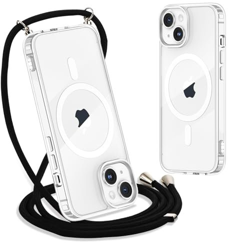 Yoedge Magnétique Collier Coque pour iPhone 14 Plus avec Cordon 6,7, [Compatible avec MagSafe] Transparent Réglable Lanyard Necklace Case, Ultra Mince Souple Silicone TPU Antichoc Housse, Noir