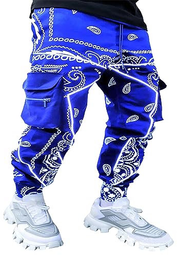 Herren Paisley Pants Cargo Jogger Hip Hop Workout Punk Pants Bandana Techwear Streetwear Sweatpants, Blau, Mittel