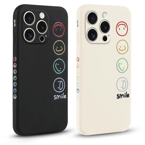 Pnakqil 2 Pezzi Cover per iPhone 15 Pro 6,1, Aesthetic Custodia Morbide Silicone con Faccina Sorridente Disegni, con Protezione Della Fotocamera Antiurto Ultra Carino TPU Morbida Case