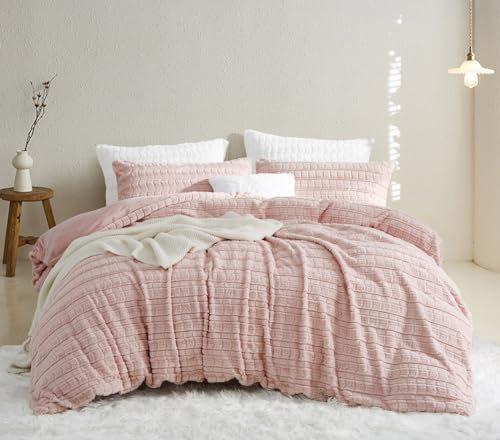 Lanqinglv Plüsch Bettwäsche 200x200 Kunstfell Rosa Flauschig Winterbettwäsche Warme Kuschelig Flanell Fleece Cashmere Touch Biber Bettbezug mit Reißverschluss und 2 Kissenbezug 80x80cm