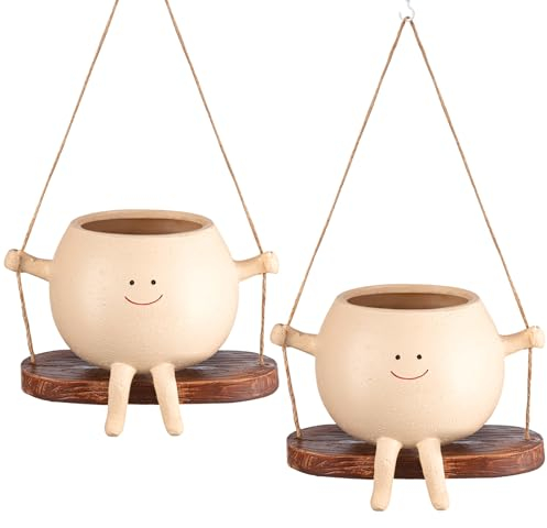 Domensi 2 Pcs Swing Hanging Planter Cute Planter Pots for Outdoor Plants Indoor Face Hanging Head Succulent Pots for String Resin Lovely Flower Pots Plant Hanger Indoor with Drainage Hole Gifts
