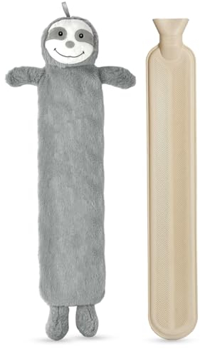 Crystals 1L or 2L Happy Sloth Hot Water Bottle - Natural Rubber for Longer Heat – Hot Water Bag for Pain Relief on Aches or Injuries, Hand Feet Warmer, Neck and Shoulder Pain Relief (Extra Long 2L)