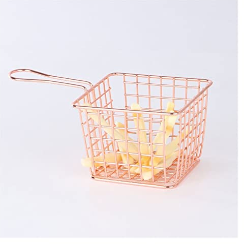 Fryer Basket/Skimmer Spoon Frying Basket French Frying Basket Stainless Steel French Fries Basket Hand Frying Storage Box Strainer Basket (Color : Rosegold)