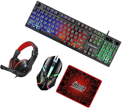 Gatuida Gaming Keyboard and Mouse Set 4-in-1 Wired Backlit Keyboard Headset Large Mouse Pad 104 Keys ABS for Computer PC
