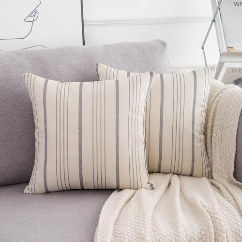 LRartdeco Kissen Bezug 45x45 Grau Kissenbezug Geometrisch Stripes Patterns Dekokissen Böhmen Dekorativ 2er Set Leinen Sofakissen Für Wohnzimmer Schlafzimmer Sofa Kissen Decoration