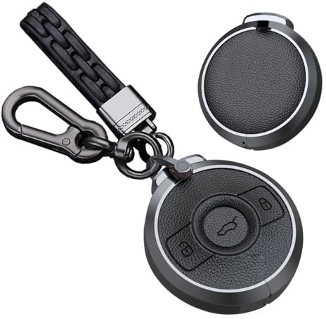 TECART Housse de clé de voiture en cuir avec porte-clés adapté pour Mercedes-Benz Smart Fortwo 1 Brabus 1 étui de protection coque de protection 3 bouton, un porte-clés en cuir-noir, Un porte-clés en