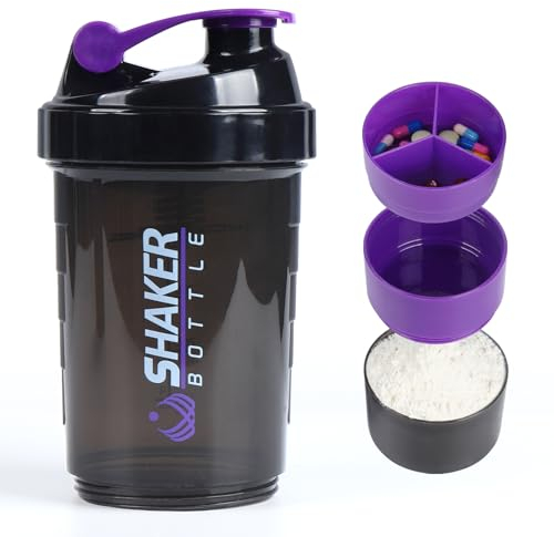 VIGIND Bouteille shaker pour protéines, bouteille d'eau de sport, étanche, antidérapante, 3 couches, gobelets de 3 oz avec plateau pour pilules, poudre de protéines 16 oz (Violet)